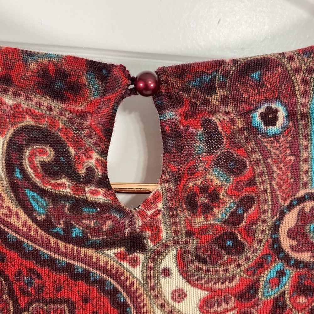 Talbots Sweater Womens Petite Red Paisley 100% Merino Wool LongSleeve Southwest - Picture 4 of 11